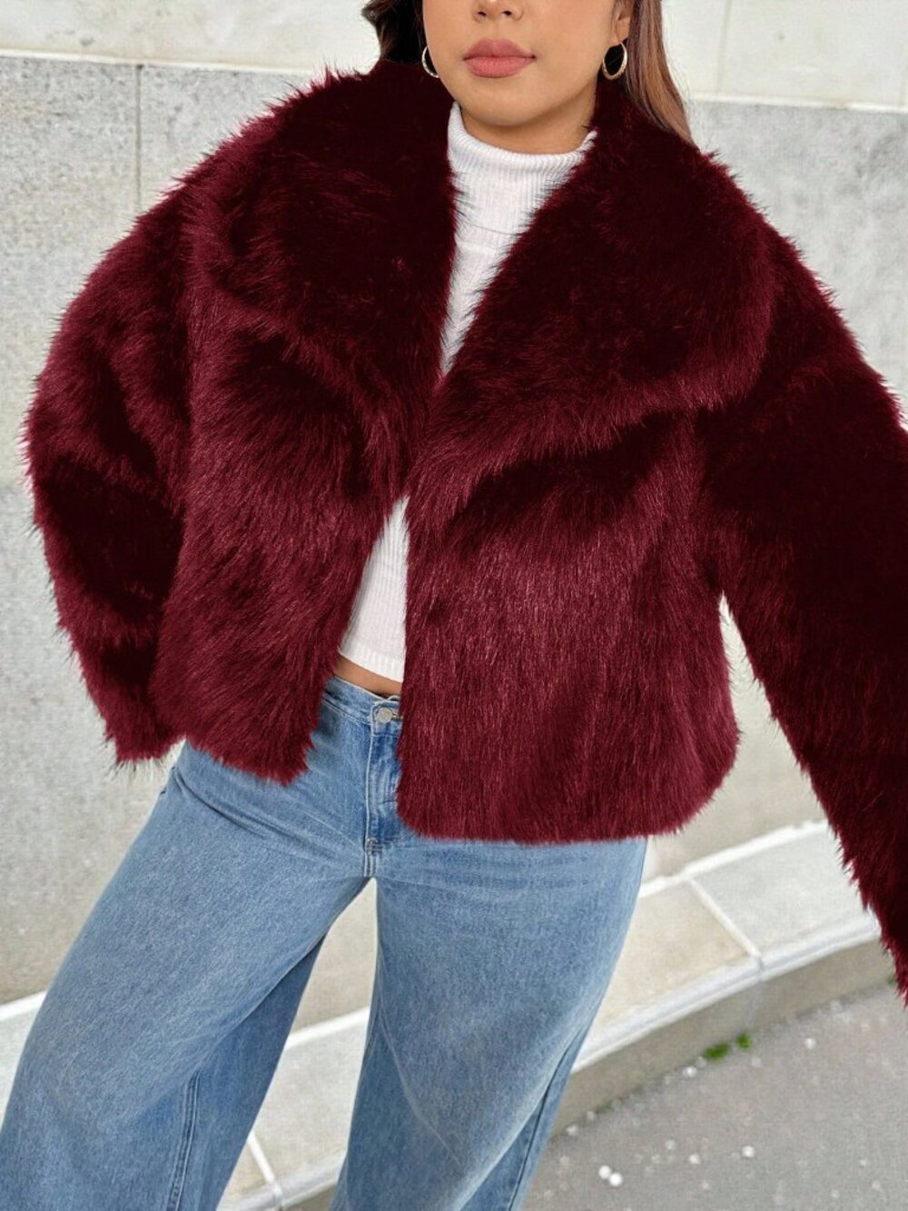 Burgundy Elegant Women's Plus Size Collar Loose Long Sleeve Furry Coat